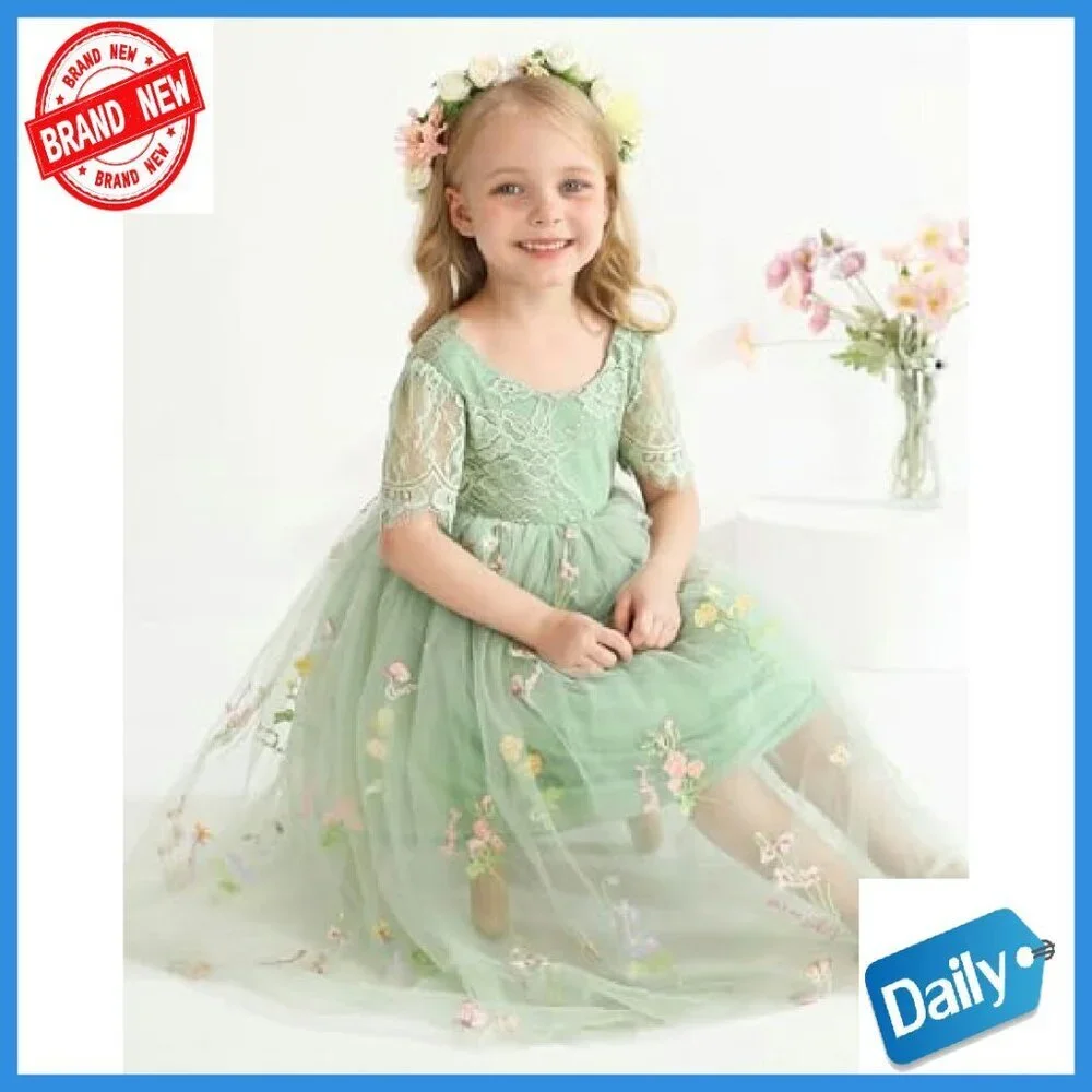 Toddler Flower Girl Dress Lace Back V-Neck Tulle Tutu Full Length